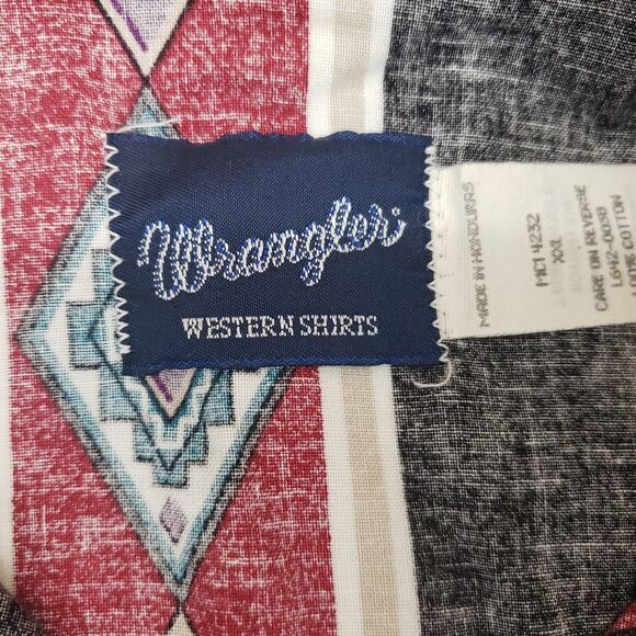 Vintage Wrangler Aztec Pearl Snap Western Shirt Mens 2XL Black Red Striped Rodeo - Picture 3 of 5